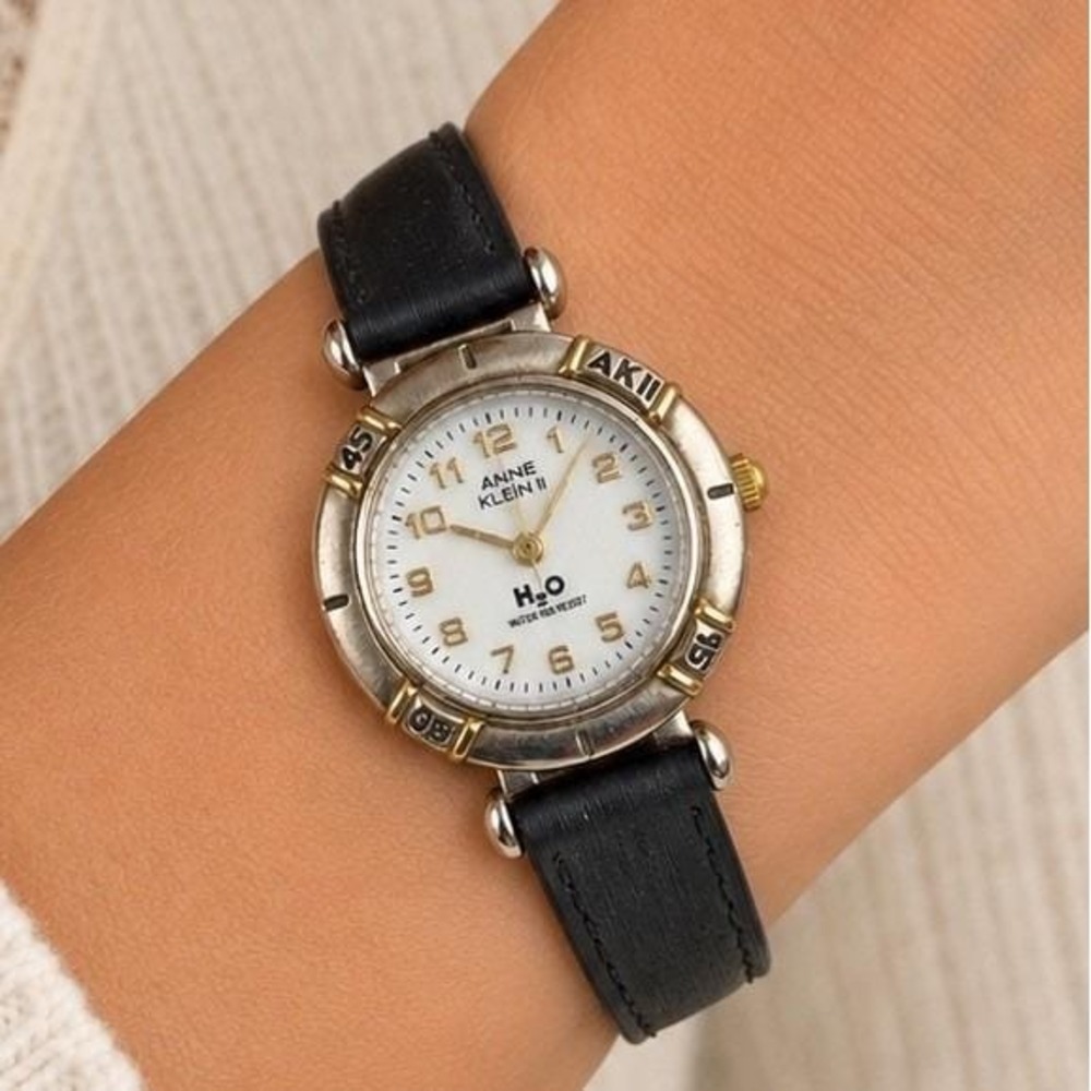 Anne Klein II Womens 90s Vtg Round H2O Black Gold Silver Two Tone Quartz Watch